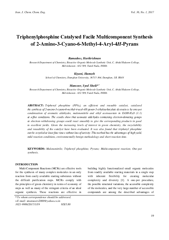 (PDF) Triphenylphosphine Catalysed Facile Multicomponent Synthesis of 2 ...