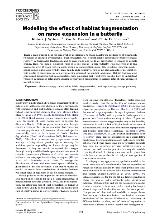 (PDF) Modelling the effect of habitat fragmentation on range expansion ...