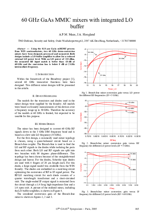 (PDF) 60 GHz GaAs MMIC mixers with integrated LO buffer