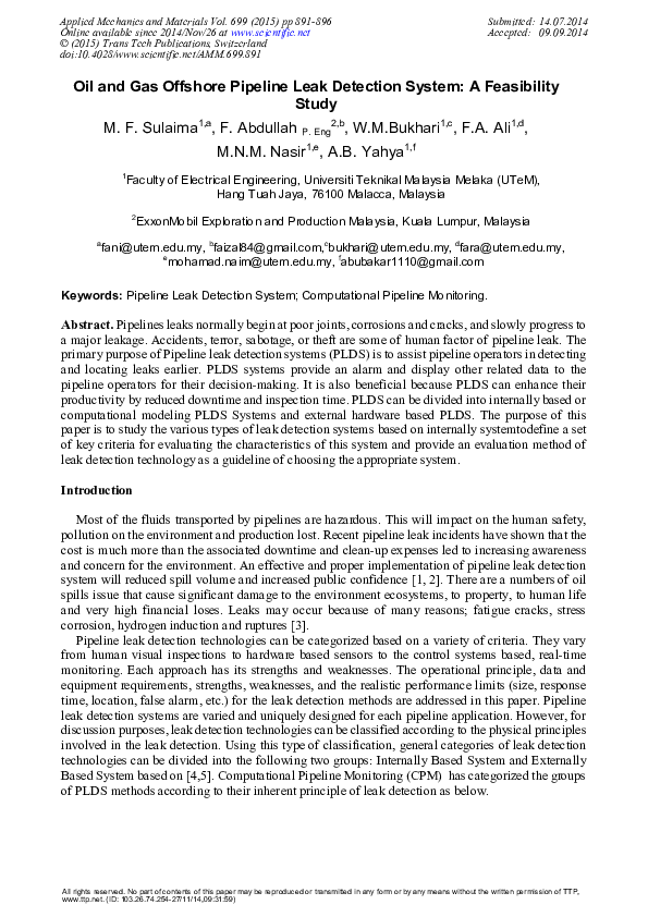 (PDF) Oil and Gas Offshore Pipeline Leak Detection System A