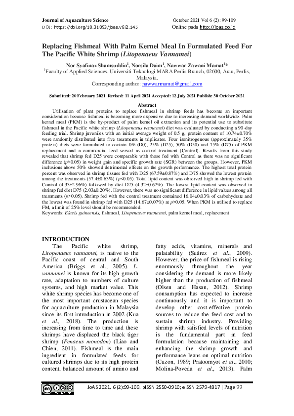 (PDF) Replacing Fishmeal With Palm Kernel Meal In Formulated Feed For ...