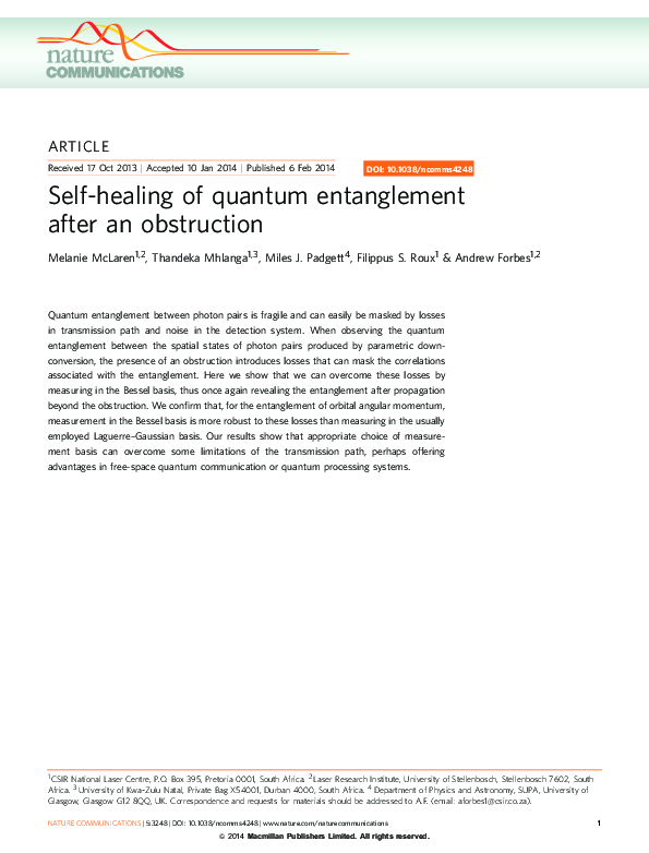 (PDF) Self-healing of quantum entanglement after an obstruction