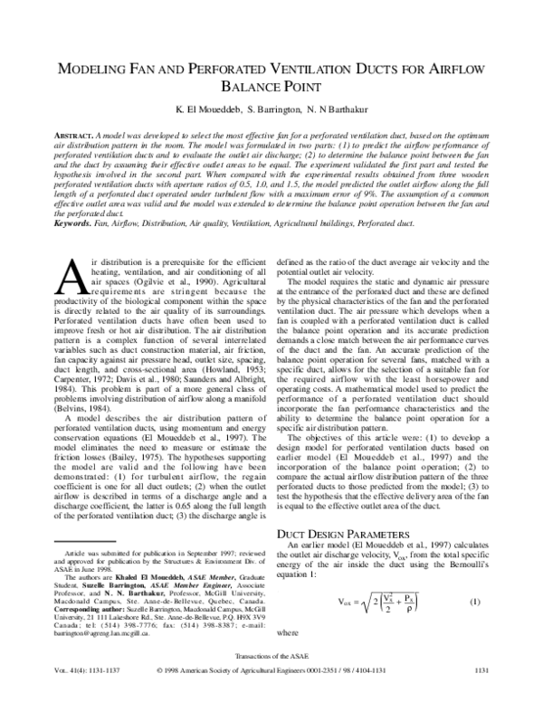 (PDF) Modeling Fan and Perforated Ventilation Ducts for Airflow Balance