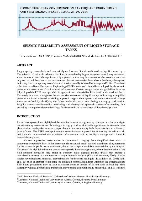 (PDF) Seismic Reliability Assessment of Liquid Storage Tanks