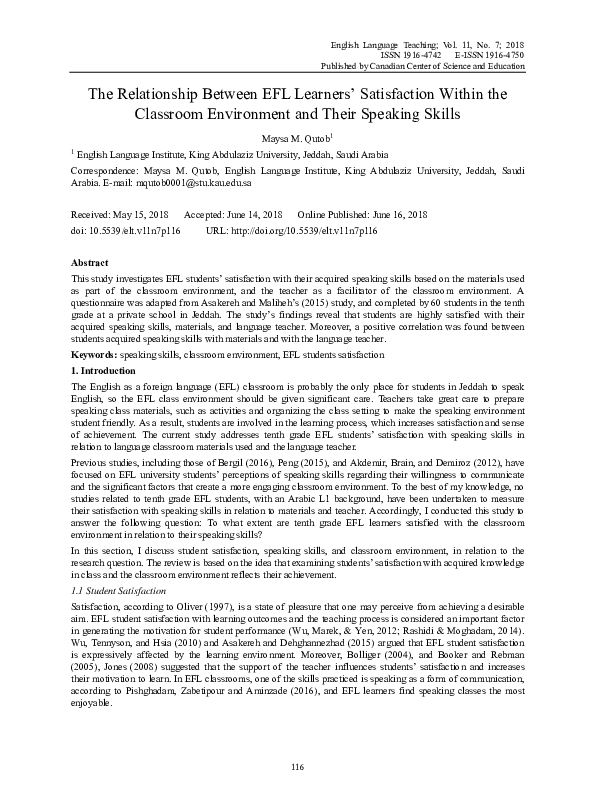 (PDF) The Relationship Between EFL Learners’ Satisfaction Within the ...