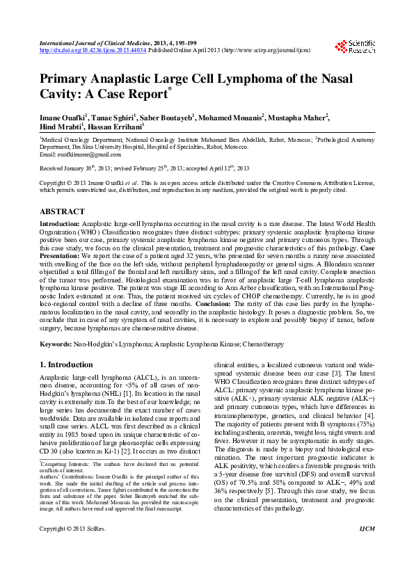 (PDF) Primary Anaplastic Large Cell Lymphoma of the Nasal Cavity: A ...