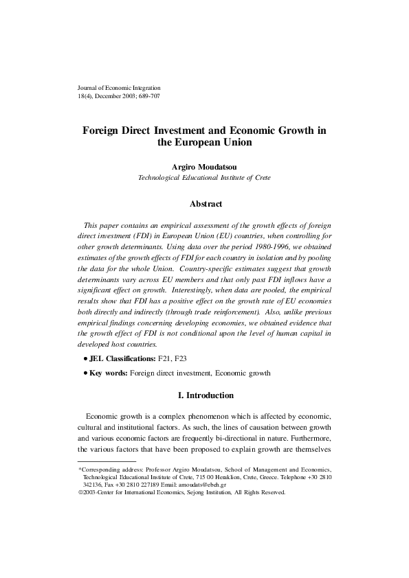 (PDF) Foreign Direct Investment and Economic Growth in the European Union