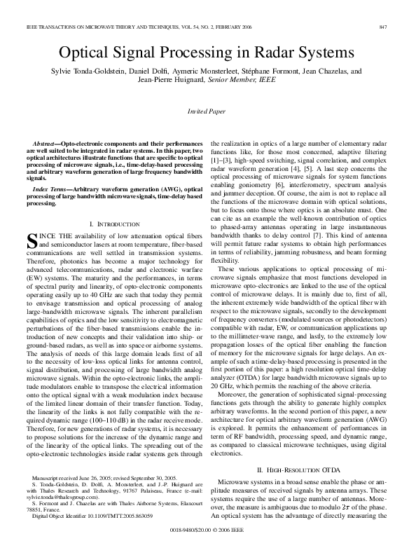 (PDF) Optical signal processing in Radar systems Aymeric Monsterleet