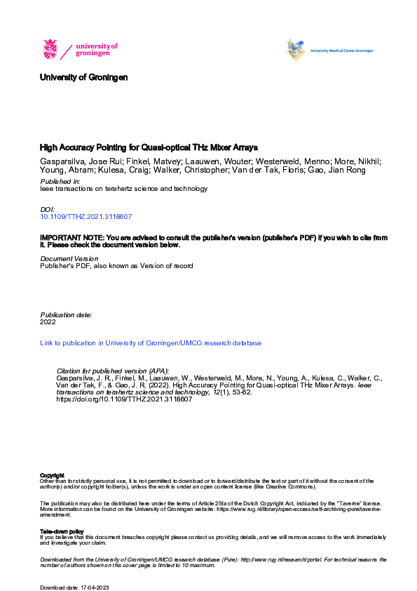 High Accuracy Pointing for Quasi-Optical THz Mixer Arrays
