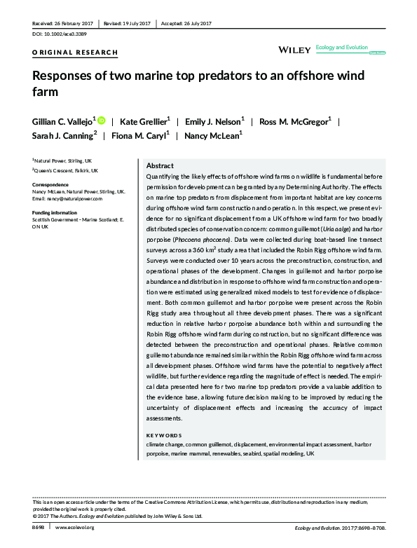 (PDF) Responses of two marine top predators to an offshore wind farm