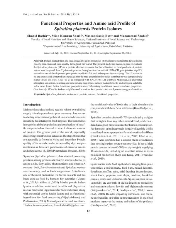(PDF) Functional Properties and Amino acid Profile of Spirulina ...