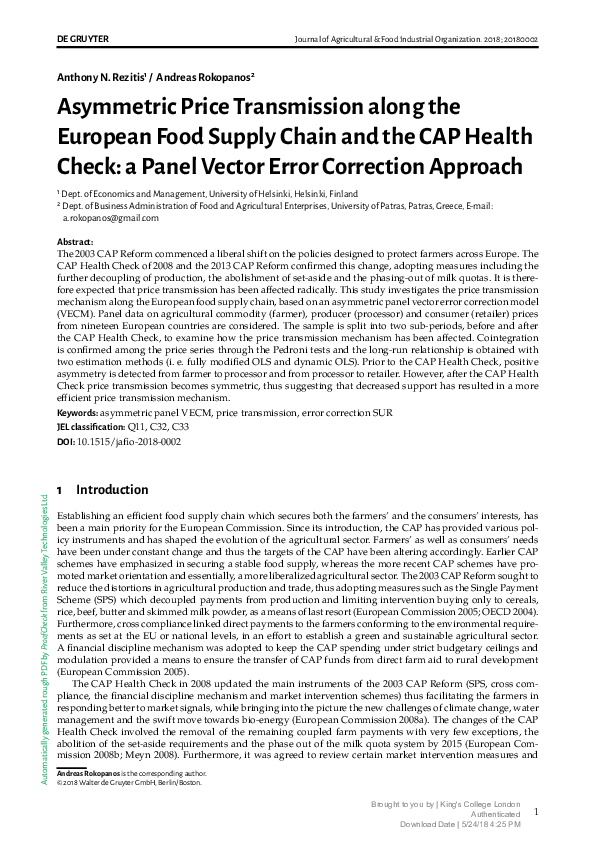 (PDF) Asymmetric Price Transmission along the European Food Supply ...