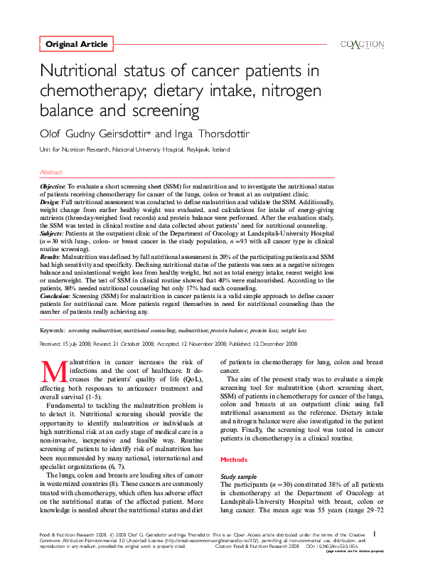 (PDF) Nutritional status of cancer patients in chemotherapy; dietary ...