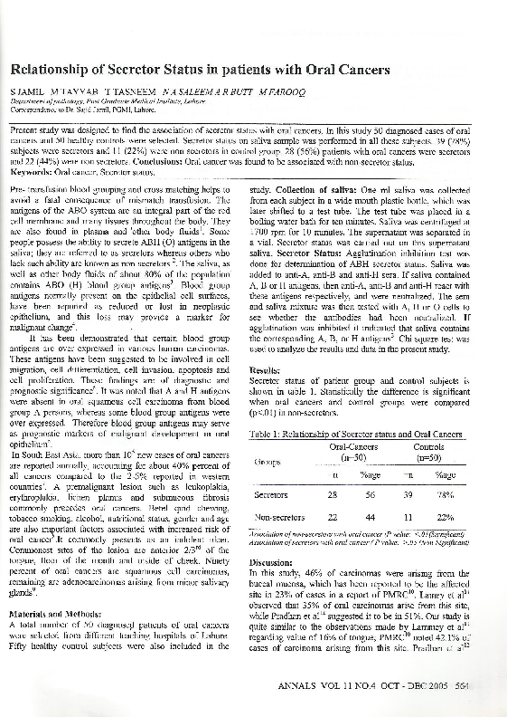 (PDF) Relationship of secretor status in patients with oral cancers