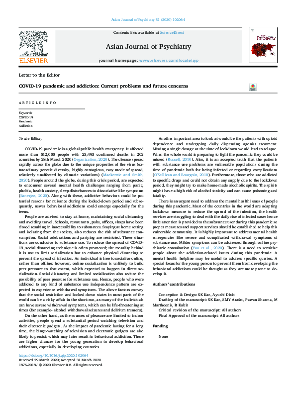 (PDF) COVID-19 pandemic and addiction: Current problems and future concerns