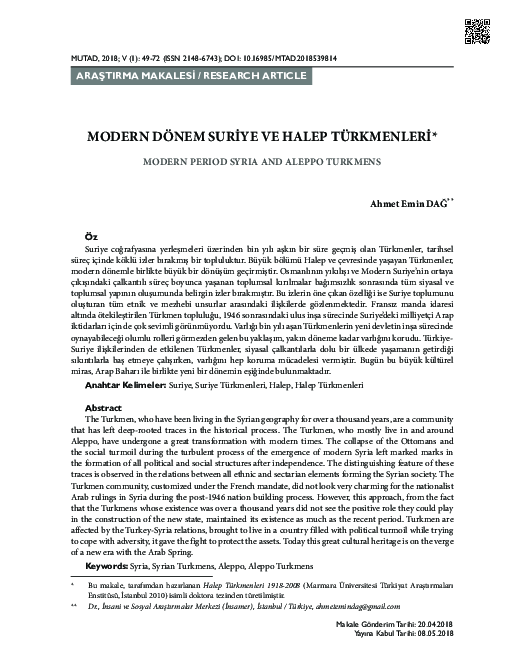 (PDF) Modern Dönem Suriye ve Halep Türkmenleri