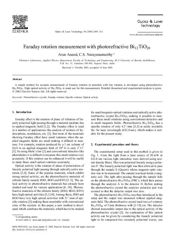 (PDF) Faraday rotation measurement with photorefractive Bi12TiO20 ...