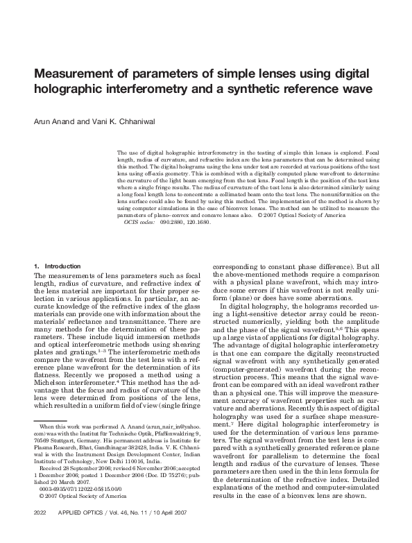 (PDF) Measurement of parameters of simple lenses using digital ...