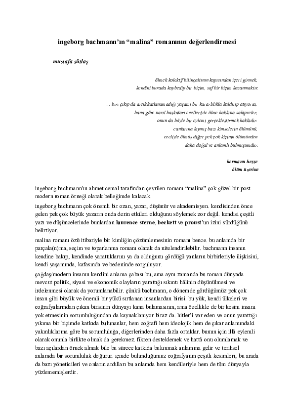 (PDF) bachmann malina romanı değerlendirmesi Mustafa Sütlaş Academia.edu