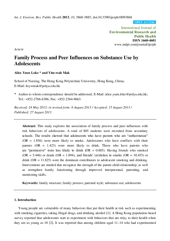 (PDF) Family Process and Peer Influences on Substance Use by Adolescents