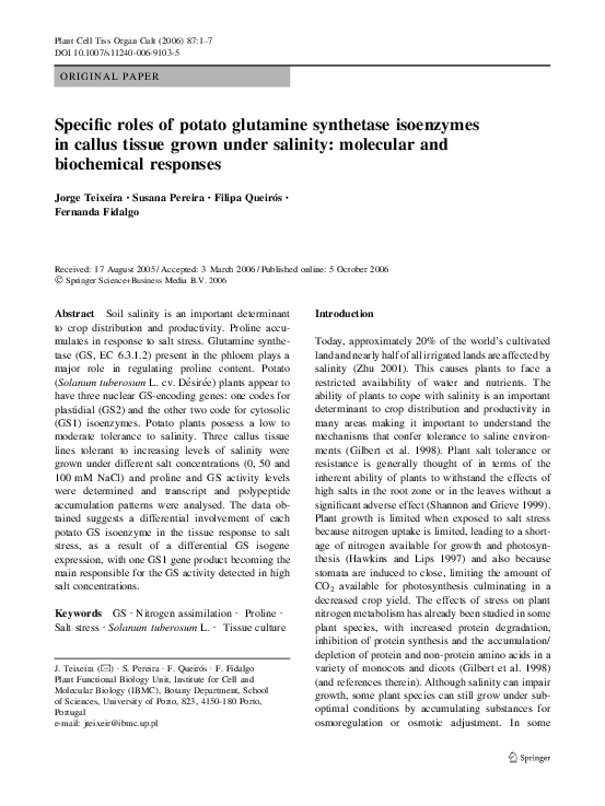 (PDF) Specific roles of potato glutamine synthetase isoenzymes in ...