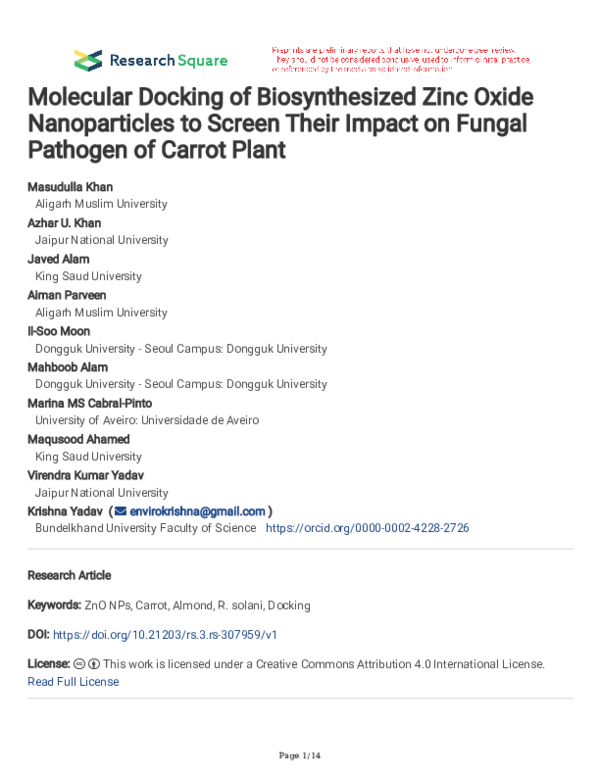(PDF) Molecular Docking of Biosynthesized Zinc Oxide Nanoparticles to ...