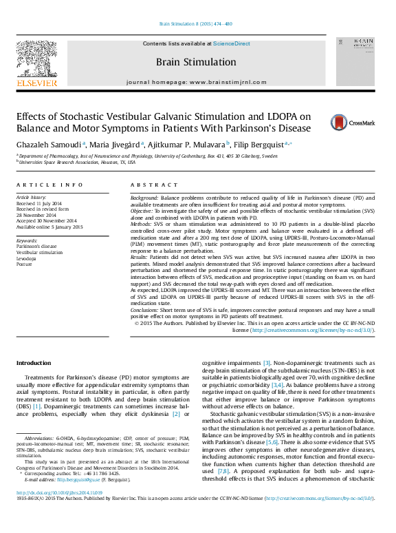 (PDF) Effects of Stochastic Vestibular Galvanic Stimulation and LDOPA ...