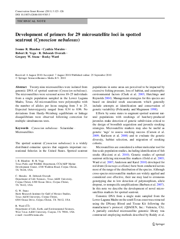 (PDF) Development of primers for 29 microsatellite loci in spotted ...