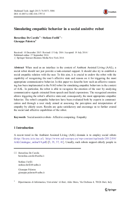 (PDF) Simulating empathic behavior in a social assistive robot