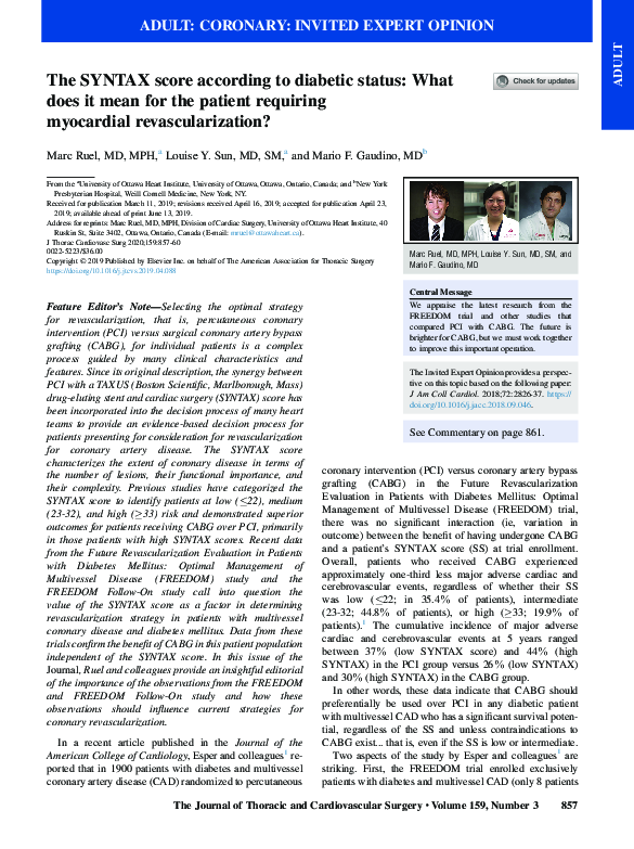 (PDF) The SYNTAX score according to diabetic status: What does it mean ...
