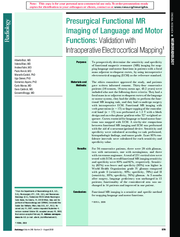 (PDF) Presurgical Functional MR Imaging of Language and Motor Functions ...