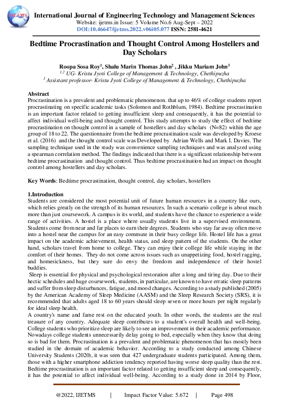 (PDF) Bedtime Procrastination and Thought Control Among Hostellers and ...