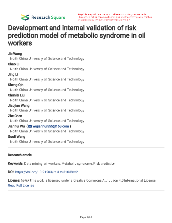 (PDF) Development and internal validation of risk prediction model of ...