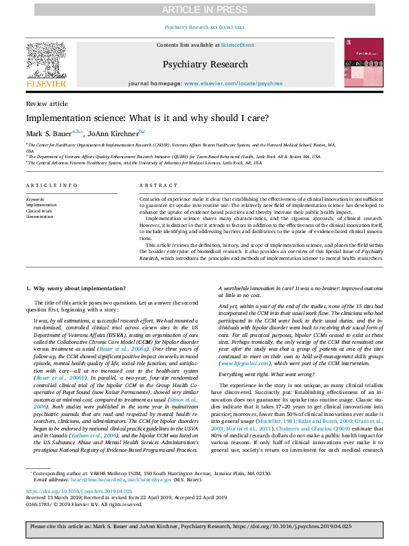 (PDF) Implementation science: What is it and why should I care?