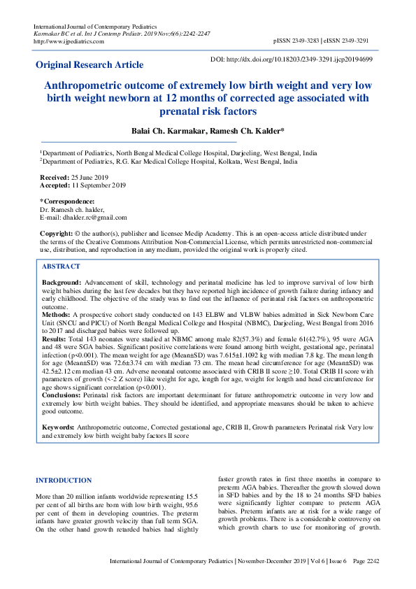 (PDF) Anthropometric outcome of extremely low birth weight and very low ...