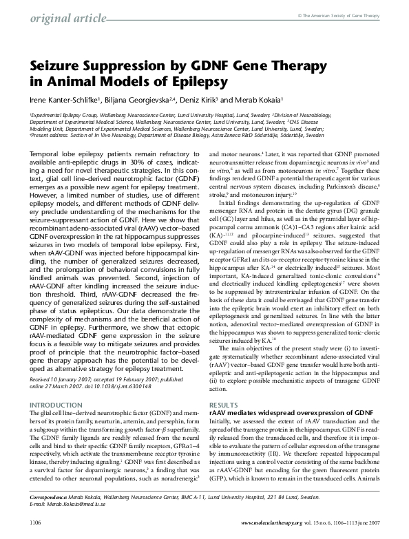 (PDF) Seizure Suppression by GDNF Gene Therapy in Animal Models of Epilepsy