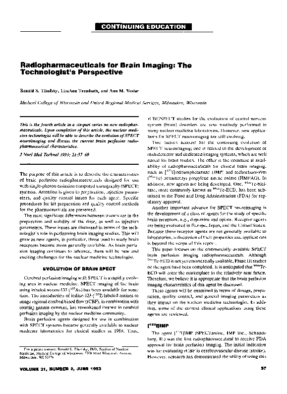 (PDF) Radiopharmaceuticals for Brain Imaging: The Technologist’s ...