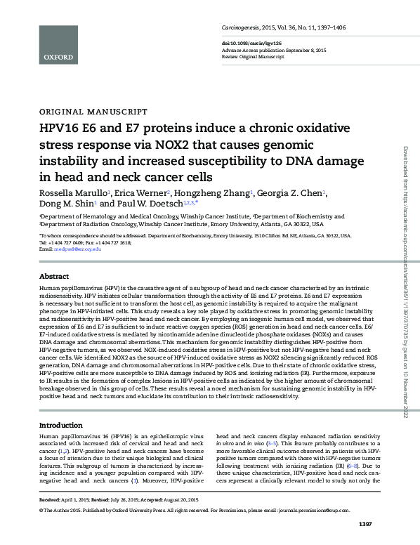 (PDF) HPV16 E6 and E7 proteins induce a chronic oxidative stress ...