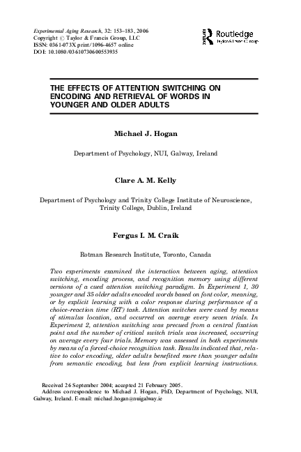 (PDF) The Effects of Attention Switching on Encoding and Retrieval of ...