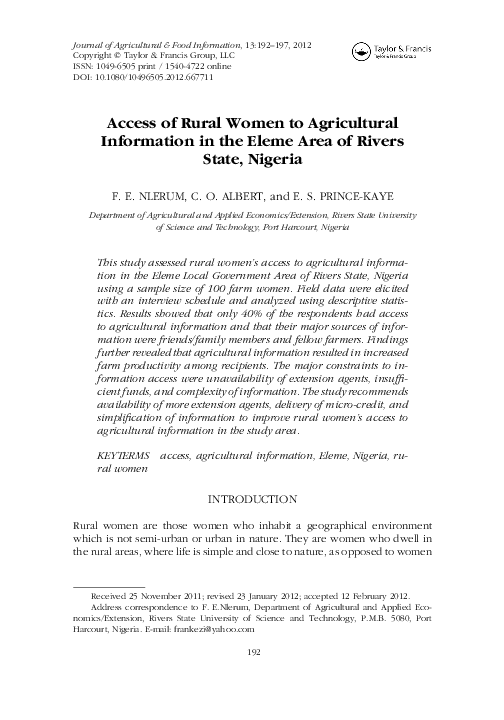(PDF) Access of Rural Women to Agricultural Information in the Eleme ...