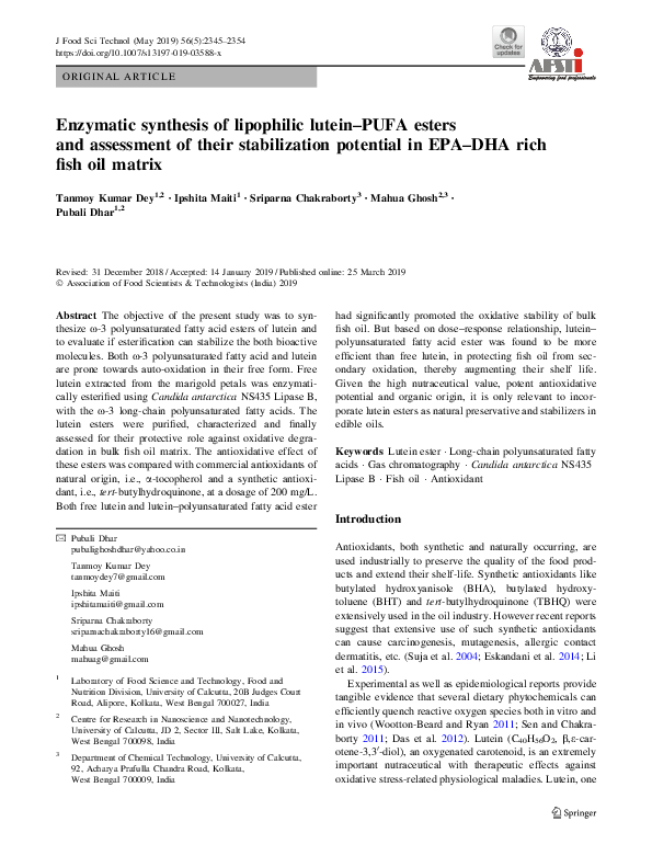 (PDF) Enzymatic synthesis of lipophilic luteinPUFA esters and
