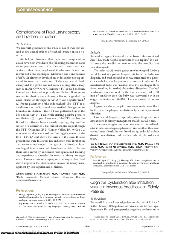 (PDF) Complications of Rigid Laryngoscopy and Tracheal Intubation
