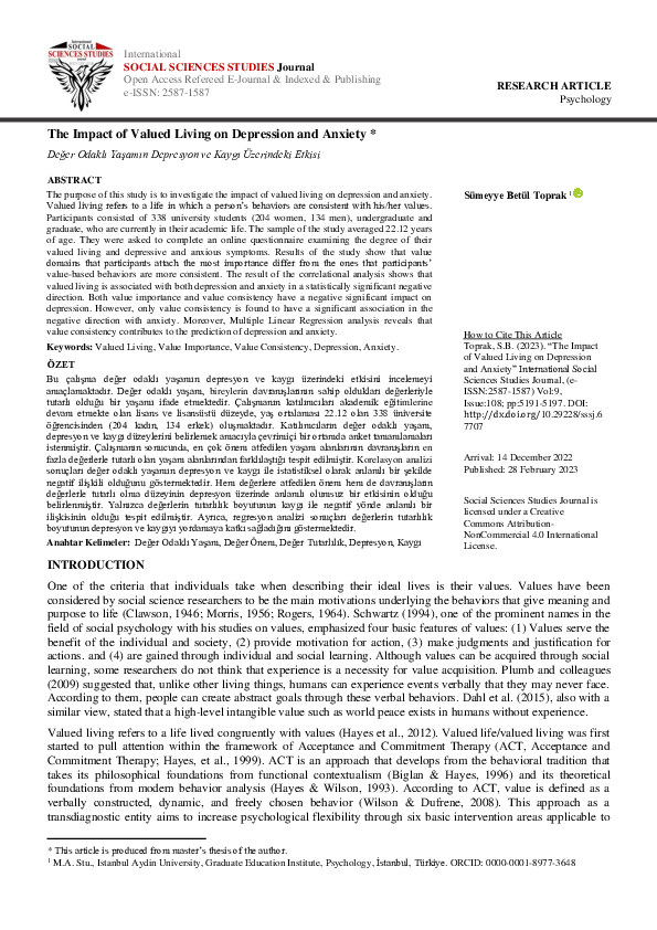 (PDF) The Impact of Valued Living on Depression and Anxiety