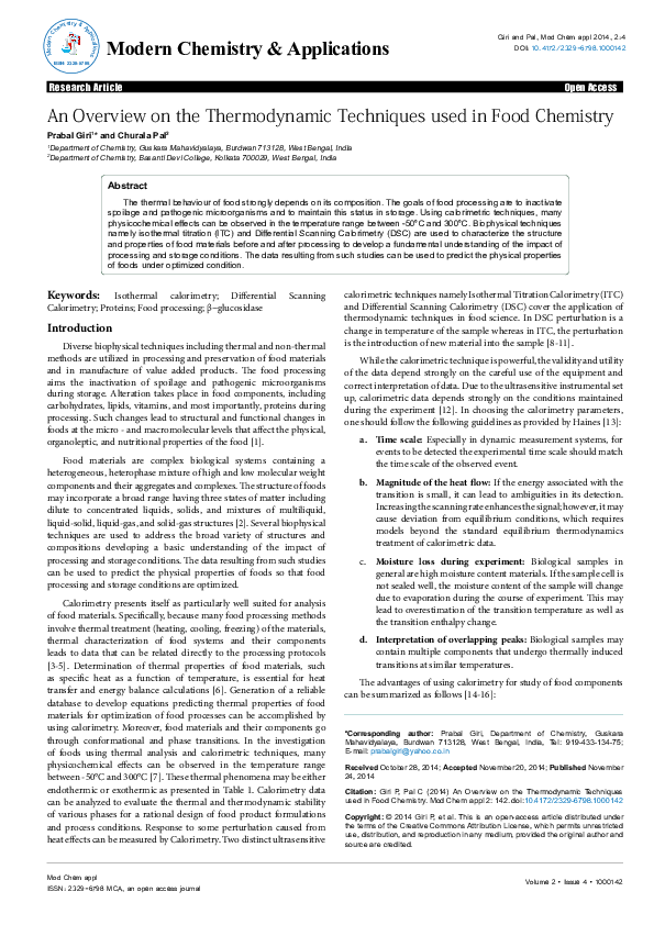 (PDF) An Overview on the Thermodynamic Techniques used in Food
