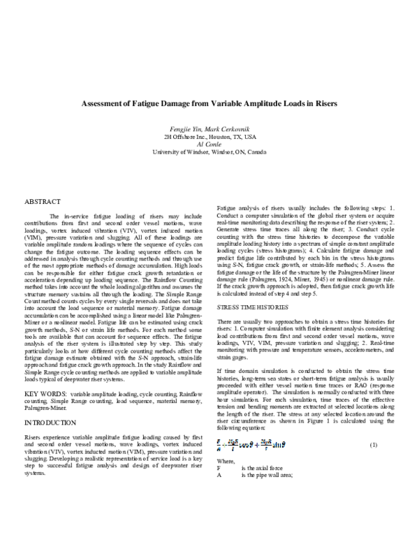 (PDF) Assessment of Fatigue Damage from Variable Amplitude Loads in Risers