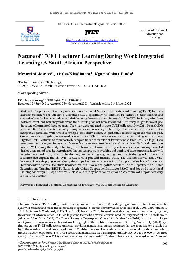 (PDF) Nature of TVET Lecturer Learning During Work Integrated Learning ...
