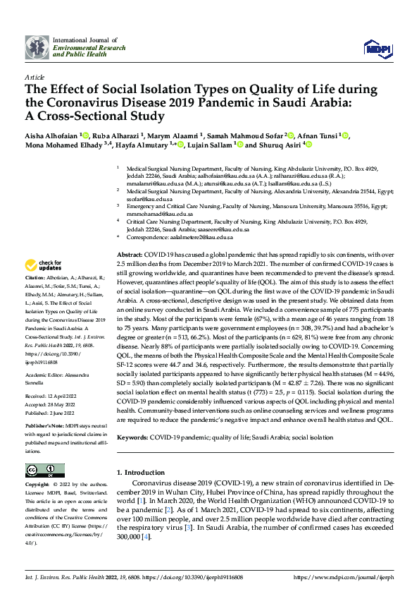(PDF) The Effect of Social Isolation Types on Quality of Life during ...