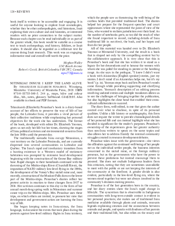 (PDF) Nitinikiau Innusi: I Keep the Land Alive, by Tshaukuesh Elizabeth ...