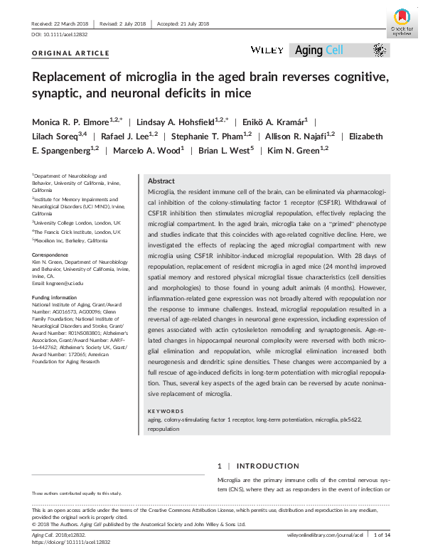 (PDF) Replacement of microglia in the aged brain reverses cognitive ...