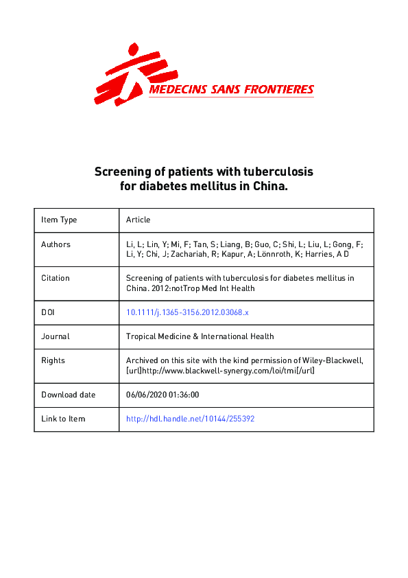(PDF) Screening of patients with tuberculosis for diabetes mellitus in ...